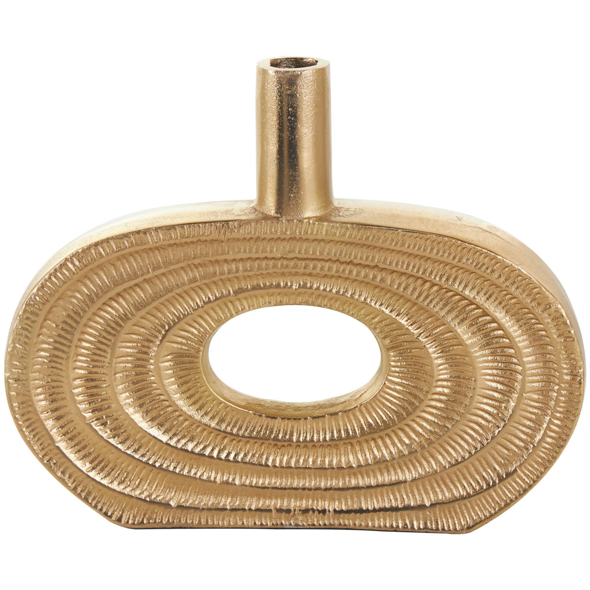 10" Gold Aluminum Geometric Circular Vase with Linear Etchings
